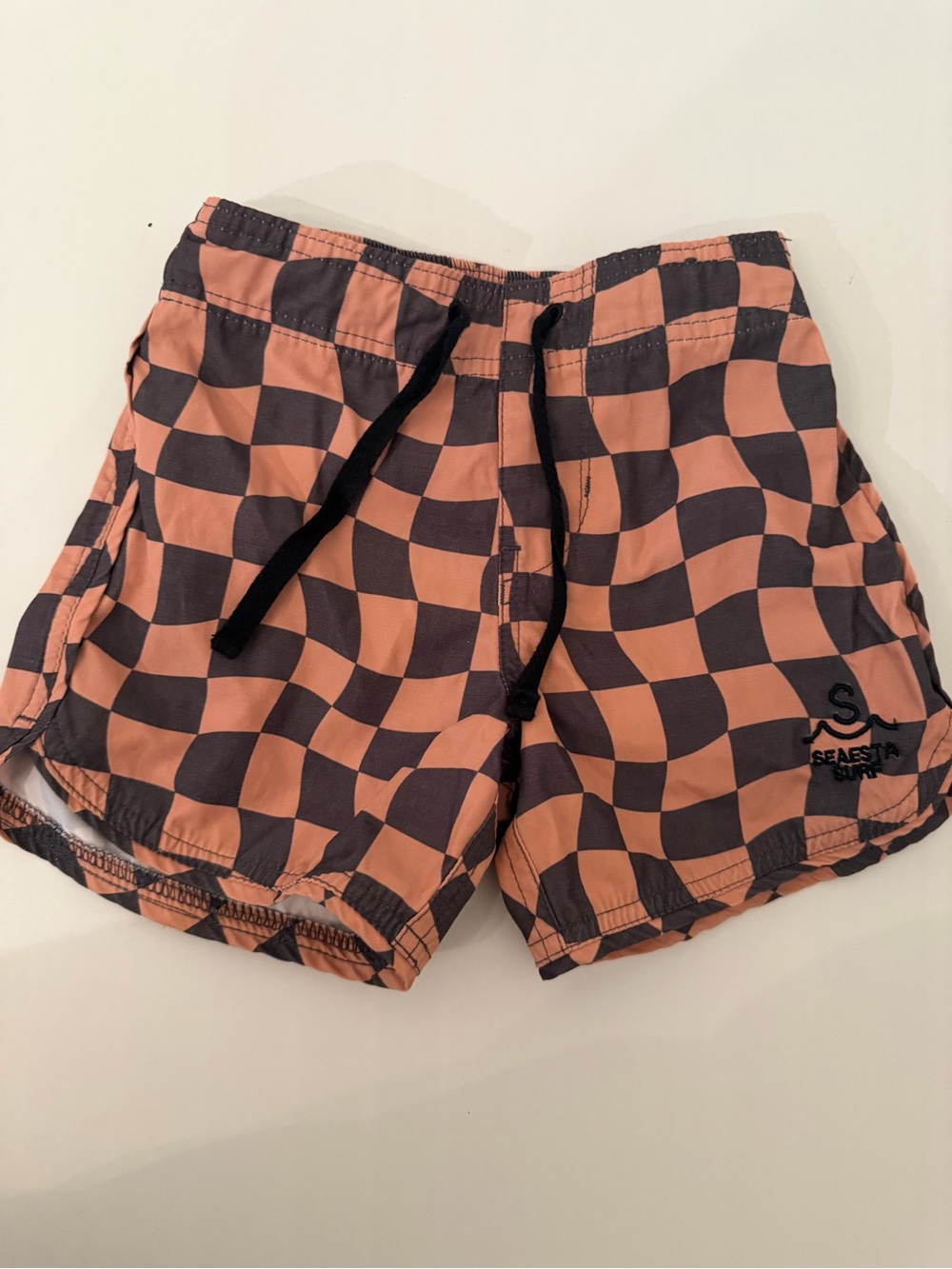 Seaesta Surf boys Seaside Checkboard Kids Swim Trunks in Peach & Black